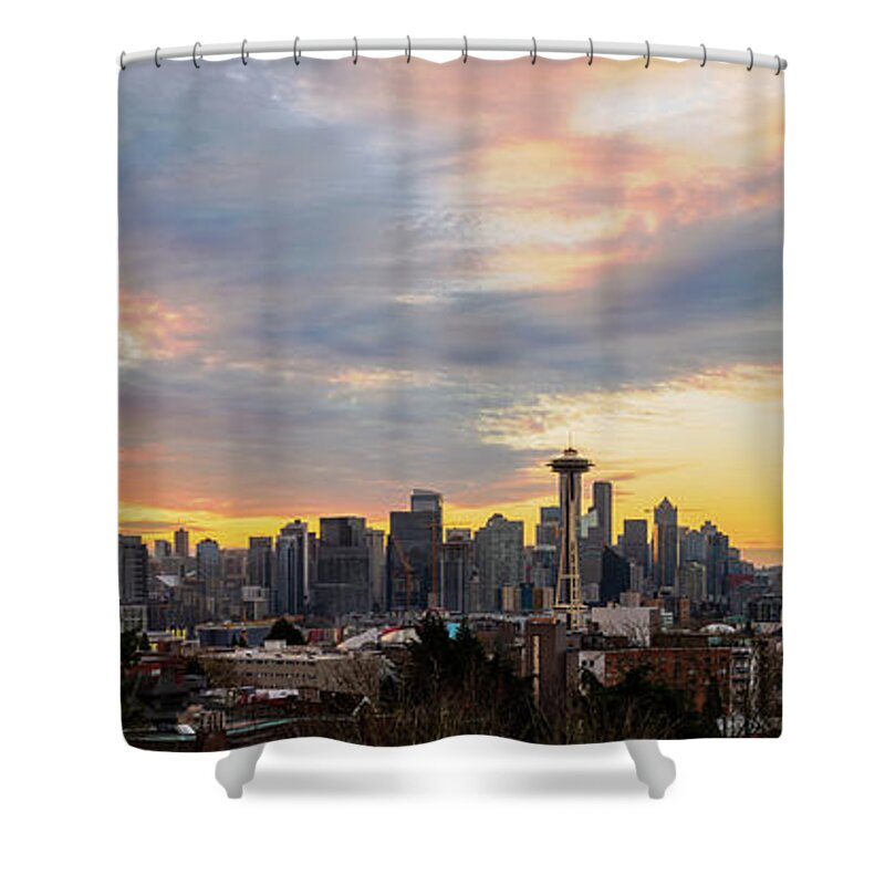 Outdoor; Sunrise; Dawn; Winter; Skyline; Colors; Cloud; Space Needle; Downtown; Seattle; Beautiful Sky; Washington Beauty; Pacific Northwest; Mt Rainier Shower Curtain featuring the digital art Seattle Sunrise From Kerry Park by Michael Lee