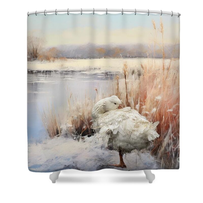Sebastopol Goose Shower Curtain featuring the mixed media Sebastopol Goose in Winter by Eva Lechner