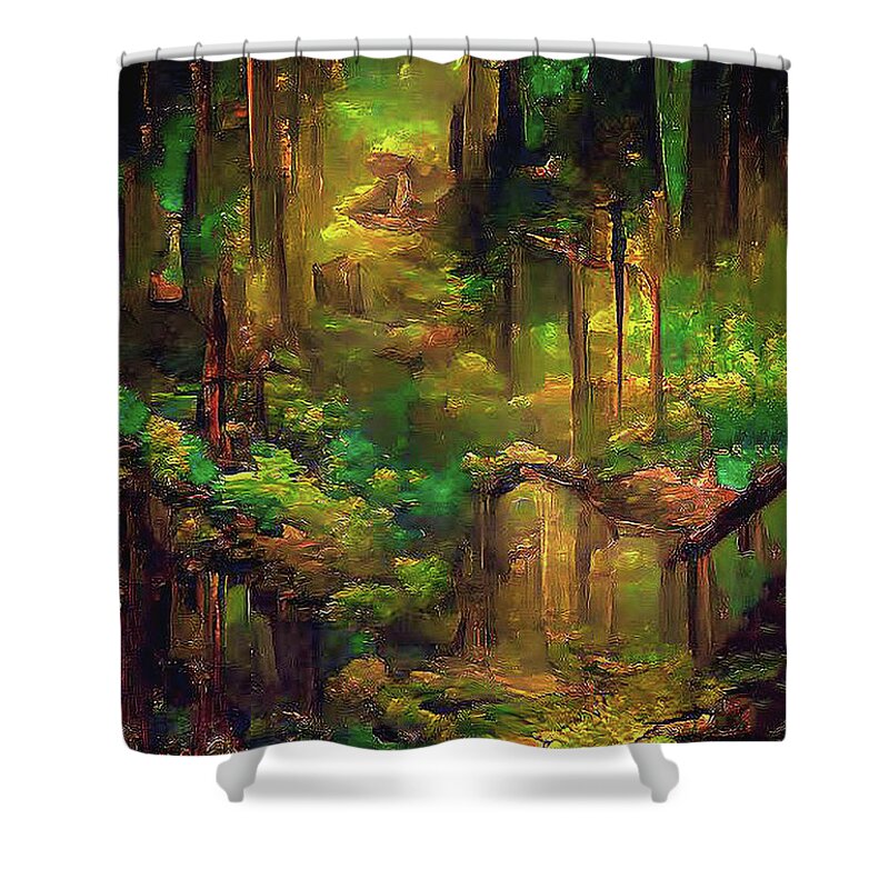 Forest Shower Curtain featuring the digital art Secret doorways in the forest by Dennis Baswell
