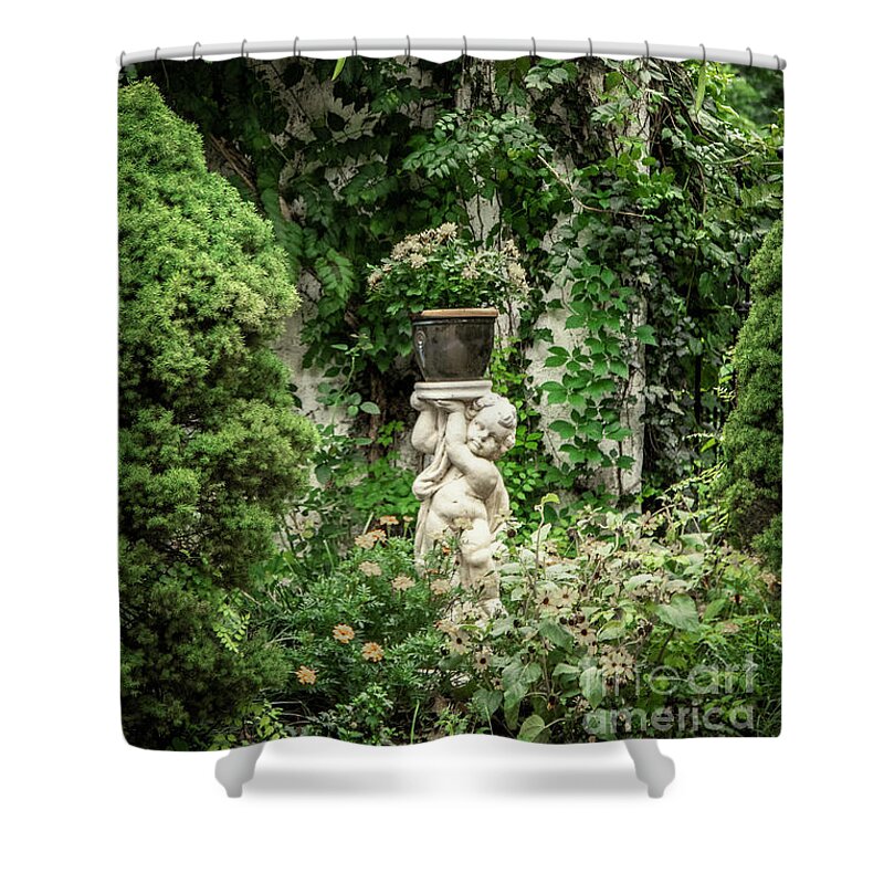 Romance Shower Curtain featuring the photograph Secret Garden With Cupid by Susan Vineyard