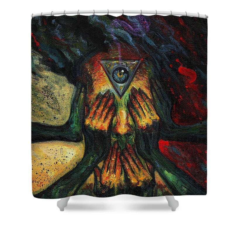 Tony Koehl; Sketch The Soul; 3rd Eye Enigma; Eye; Yellow; See No Evil; Hear No Evil; Speak No Evil. Shower Curtain featuring the painting See No...Hear No...Speak No... by Tony Koehl