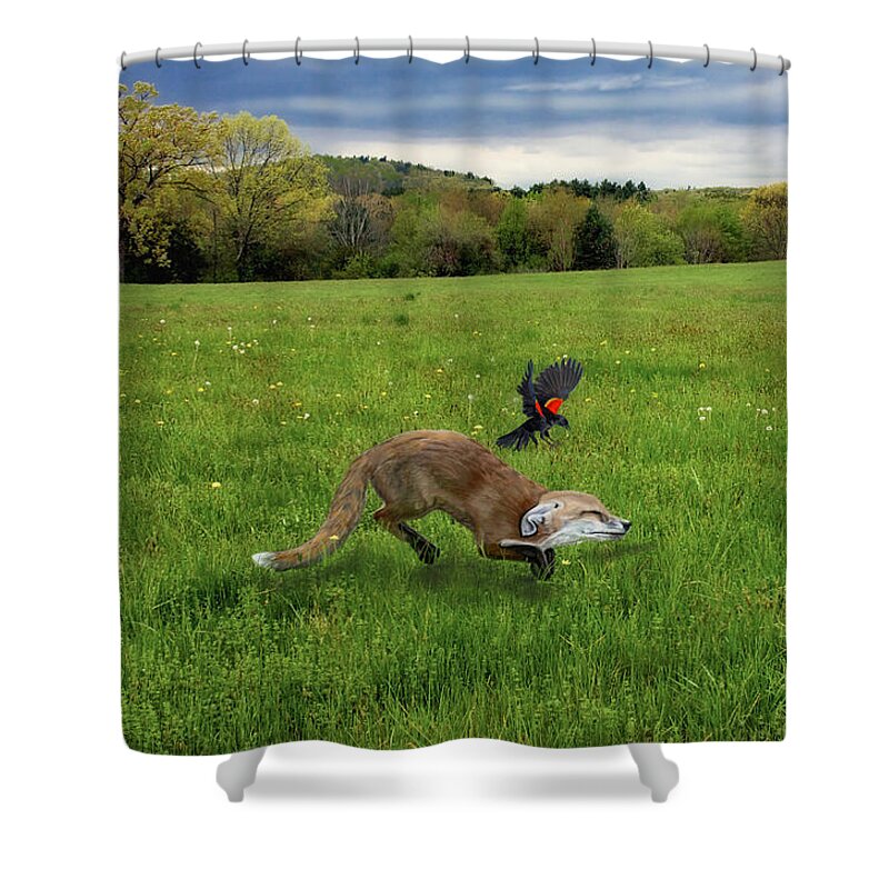 Fox Shower Curtain featuring the mixed media Seeing Red by Judy Cuddehe