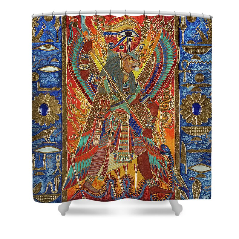 Sekhmet Shower Curtain featuring the mixed media Sekhmet the Eye of Ra by Ptahmassu Nofra-Uaa