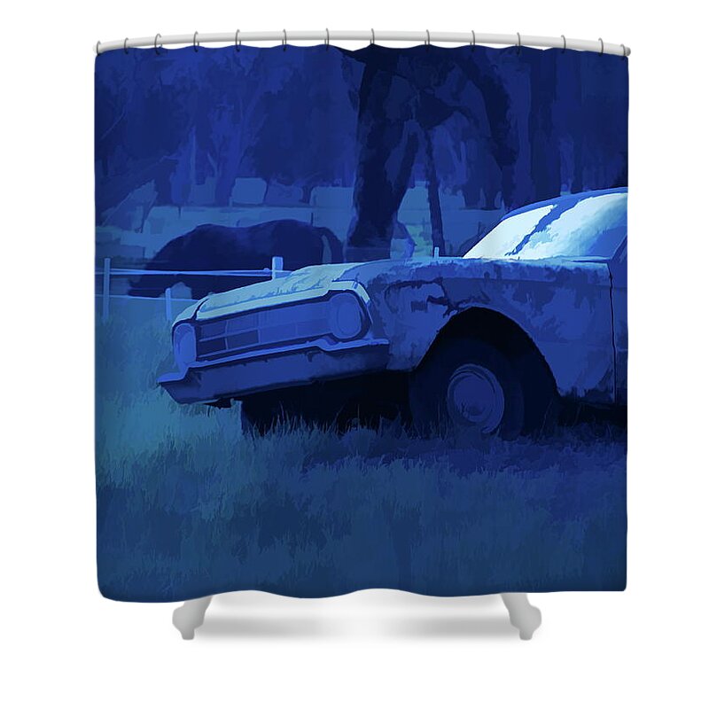 Ford Falcon Ute Shower Curtain featuring the mixed media Semi-Abstract 1960s Classic Ford Falcon Ute And Horse by Joan Stratton