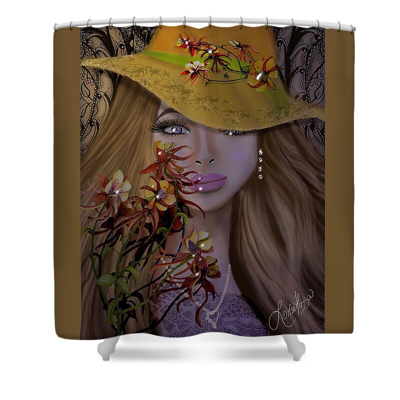 Floral Woman Hat Fashion Whimsical Shower Curtain featuring the mixed media Senorita by Lorie Fossa
