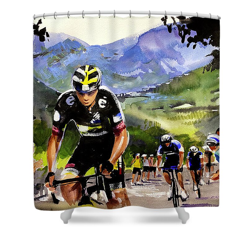 Le Tour De France Shower Curtain featuring the painting Sepp Kuss Climbs Stage 15 TDF2021 by Shirley Peters