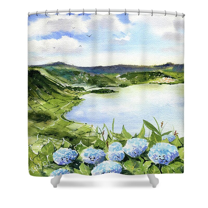 Sete Cidades Shower Curtain featuring the painting Sete Cidades in Azores Sao Miguel Painting by Dora Hathazi Mendes