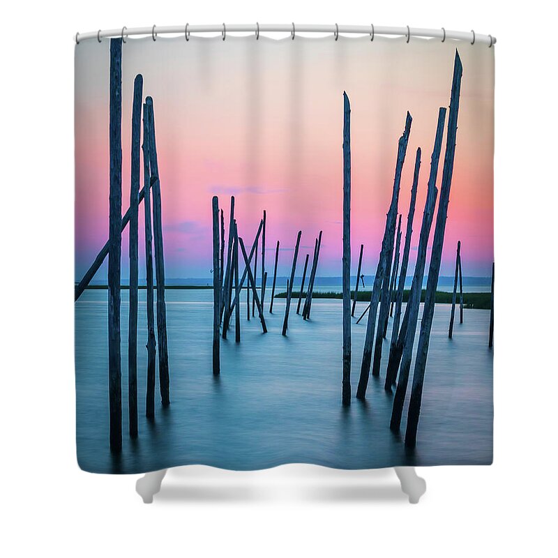 New Jersey Shower Curtain featuring the photograph Seven Bridges Boat Pilings Sunset by Kristia Adams
