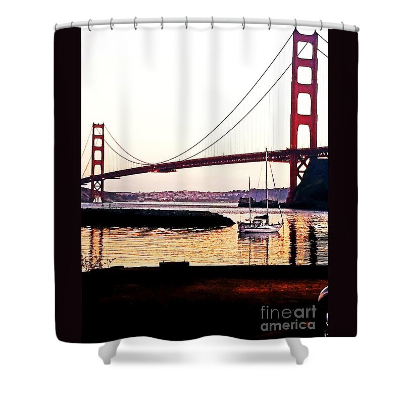 Golden Gate Bridge Shower Curtain featuring the painting SF Fog Meets October Sunset by Artist Linda Marie