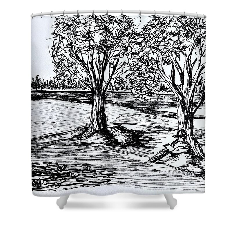 Black And White Shower Curtain featuring the drawing Shade Trees by Tammy Nara
