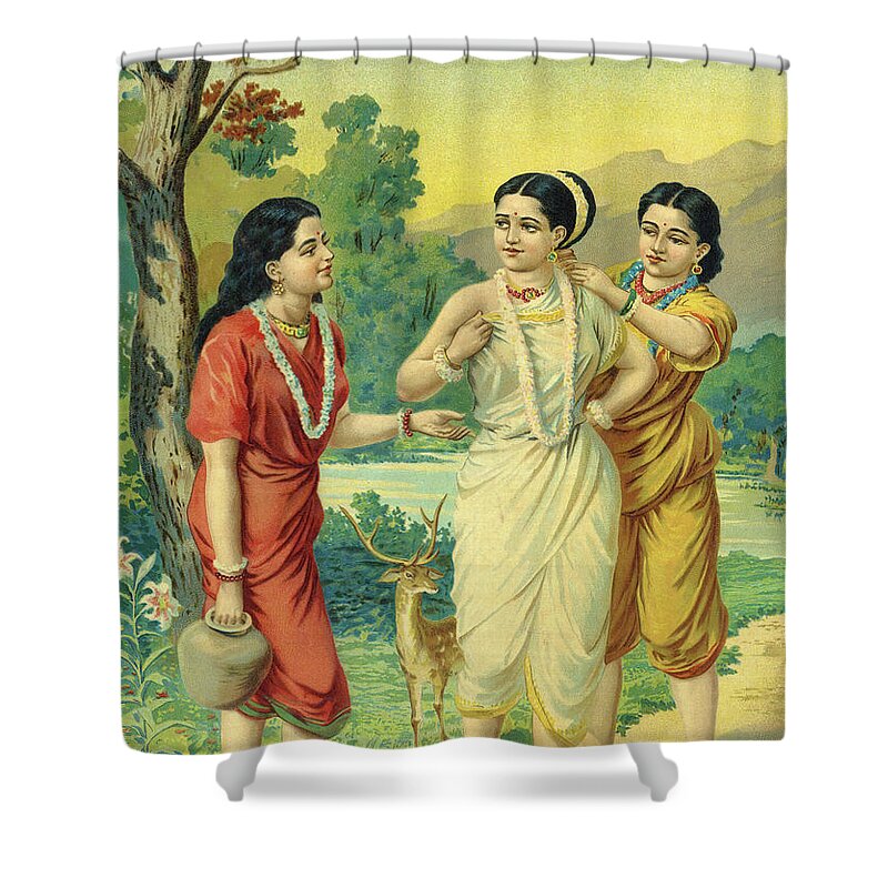Raja Ravi Varma Shower Curtain featuring the painting Shakuntala Sakhi by Ravi Varma