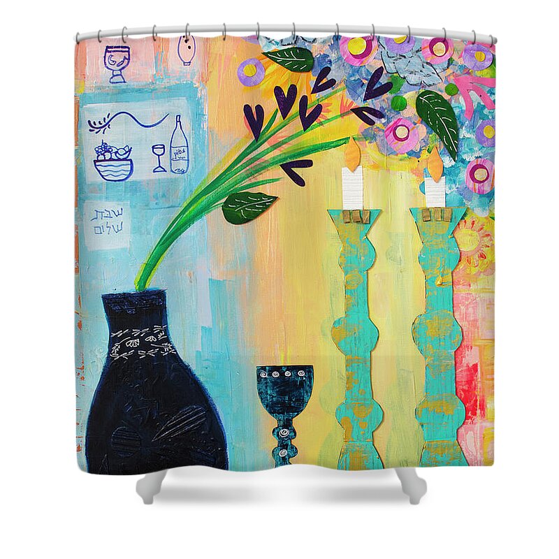Vase Shower Curtain featuring the mixed media Shalom Bayit #4 by Julia Malakoff