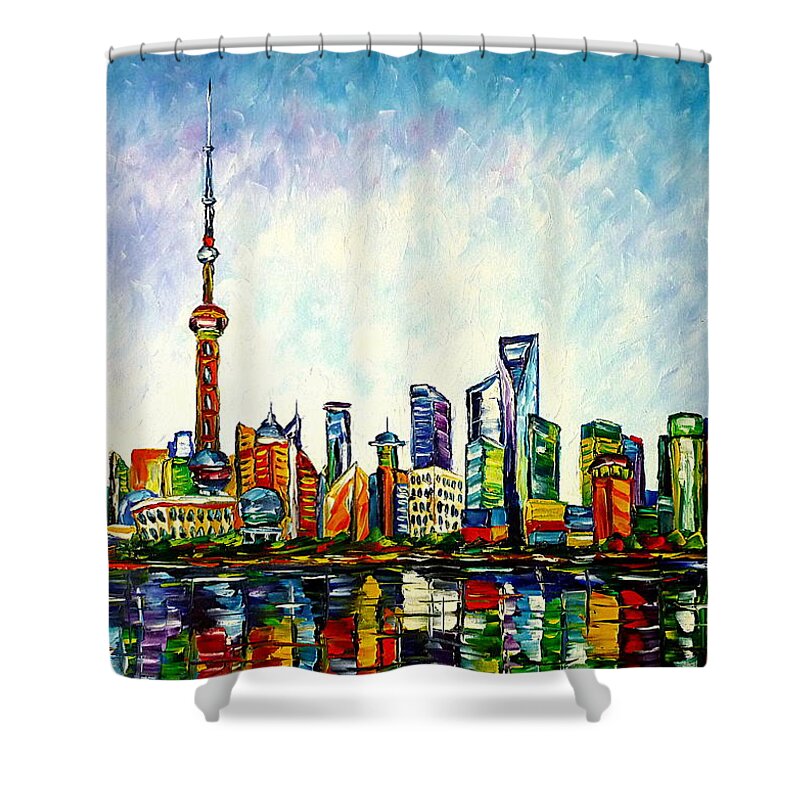 Shanghai Painting Shower Curtain featuring the painting Shanghai, Skyline by Mirek Kuzniar