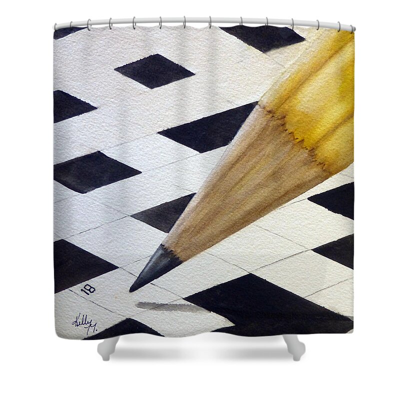 Crossword Shower Curtain featuring the painting Puzzle and Pencil by Kelly Mills