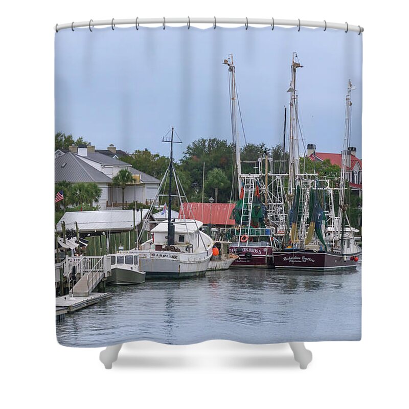 Mount Pleasant Shower Curtain featuring the photograph Shem Creek Docked Shrimpboats 1 by Steve Rich