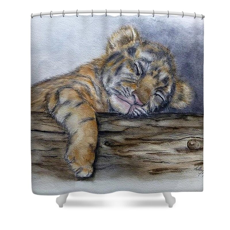 Tiger Cub Shower Curtain featuring the painting Shhh Tiger Cub is Sleeping by Kelly Mills
