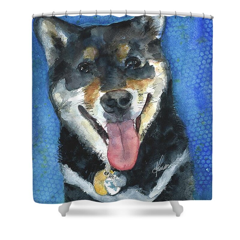 Watercolor Portrait Shower Curtain featuring the painting Shiba Inu by Susan Blackaller-Johnson