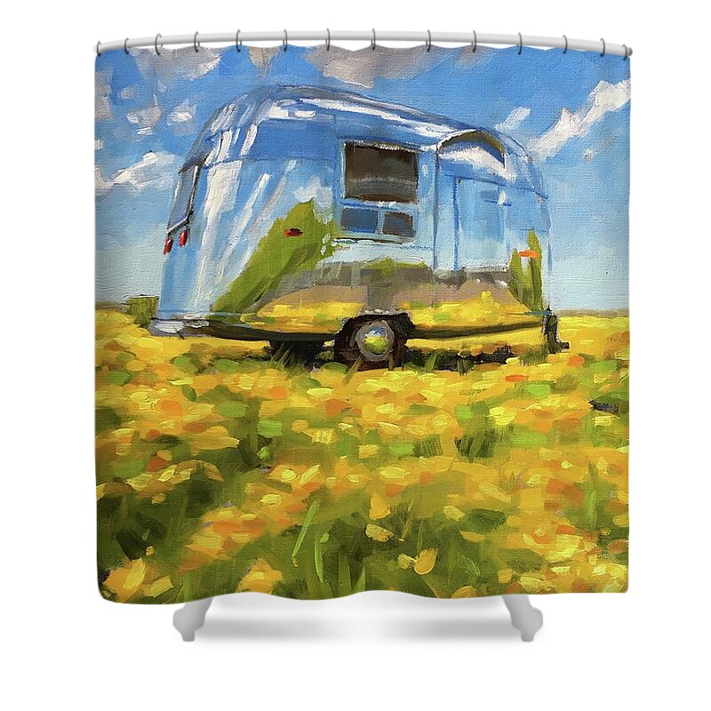 Airstream Shower Curtain featuring the painting Shiny in a Field of Buttercups by Elizabeth Jose