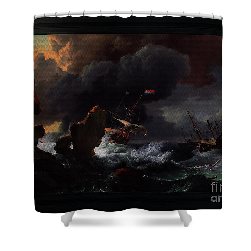 Ships In Distress Off A Rocky Coast Shower Curtain featuring the painting Ships In Distress Off A Rocky Coast by Ludolf Bakhuizen Classical Art Reproduction by Rolando Burbon