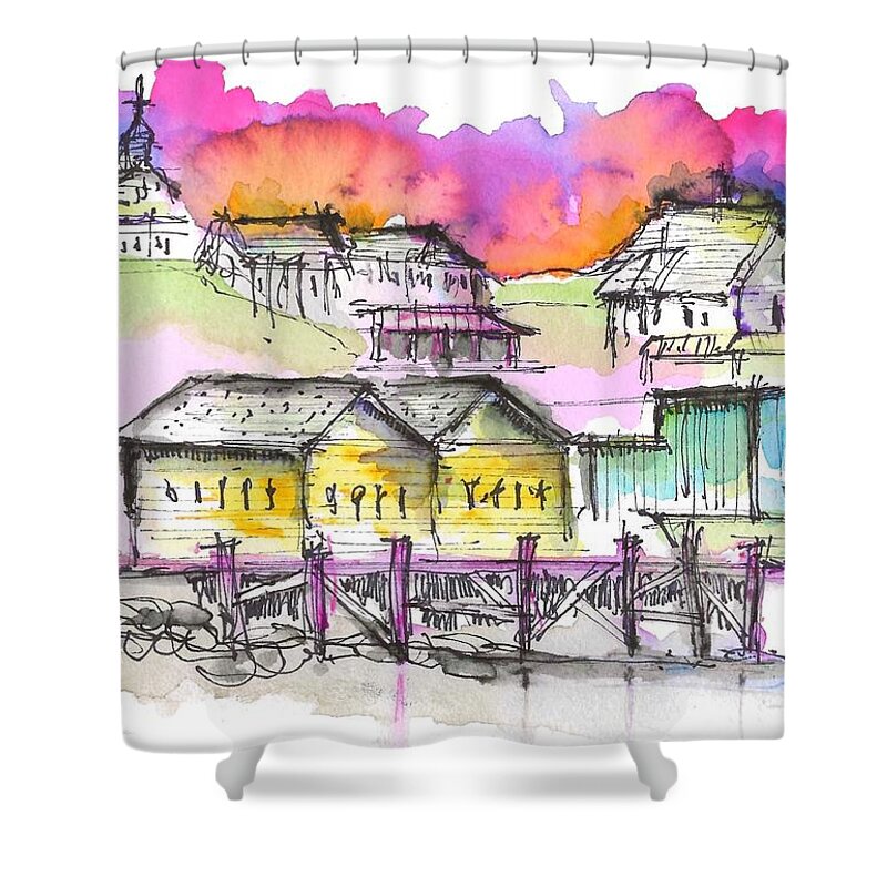 Shipyard Shower Curtain featuring the drawing Shipyard at Boothbay Harbor by Jason Nicholas
