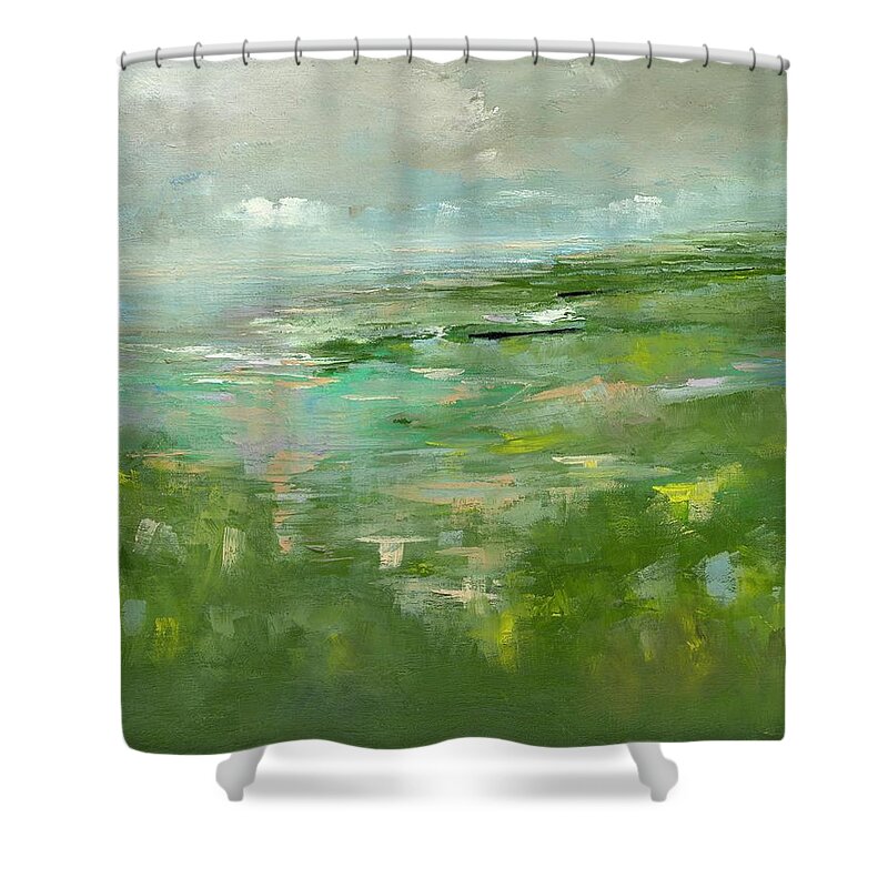 Landscape Shower Curtain featuring the painting Shoreline by Roger Clarke