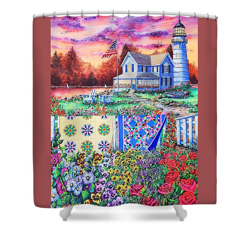 Lighthouse Shower Curtain featuring the painting Shoreline Treasures by Diane Phalen