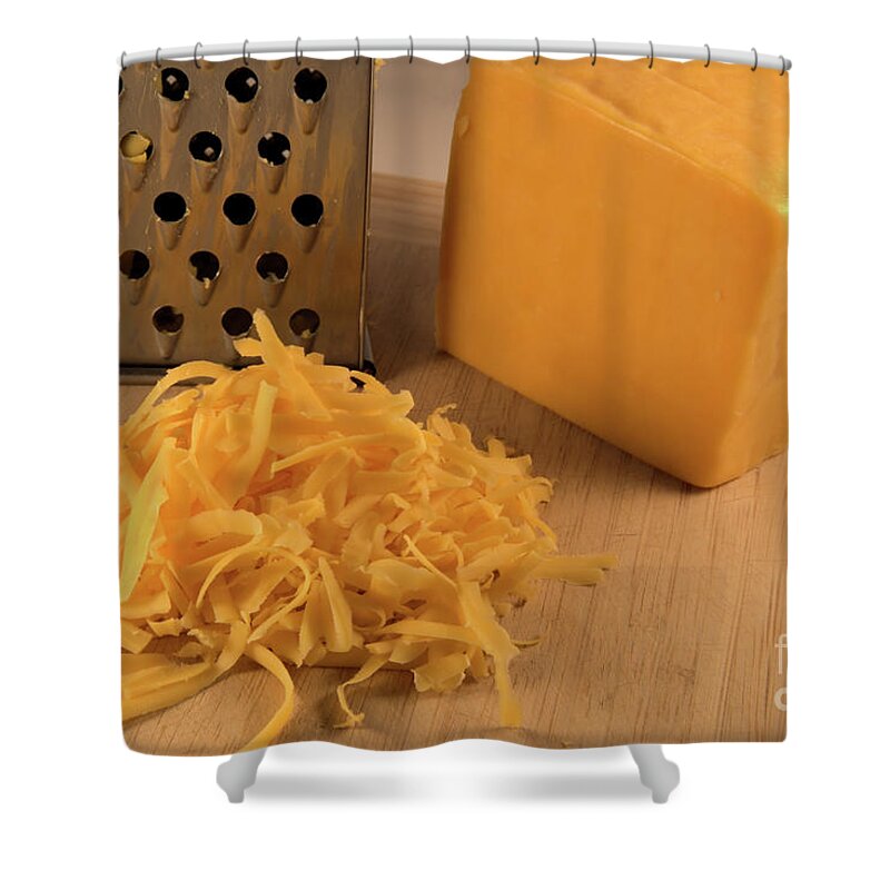 Cheese Shower Curtain featuring the photograph Shredded Cheddar by Kae Cheatham