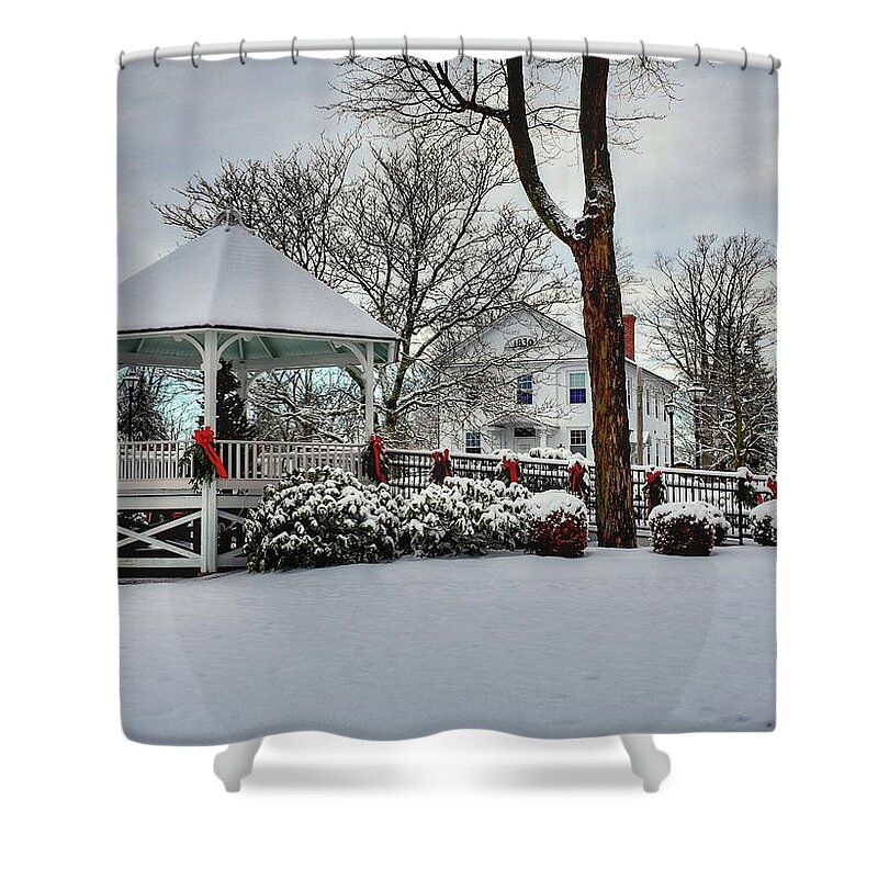 Shrewsbury Shower Curtain featuring the photograph Shrewsbury Town Common covered in snow by Monika Salvan
