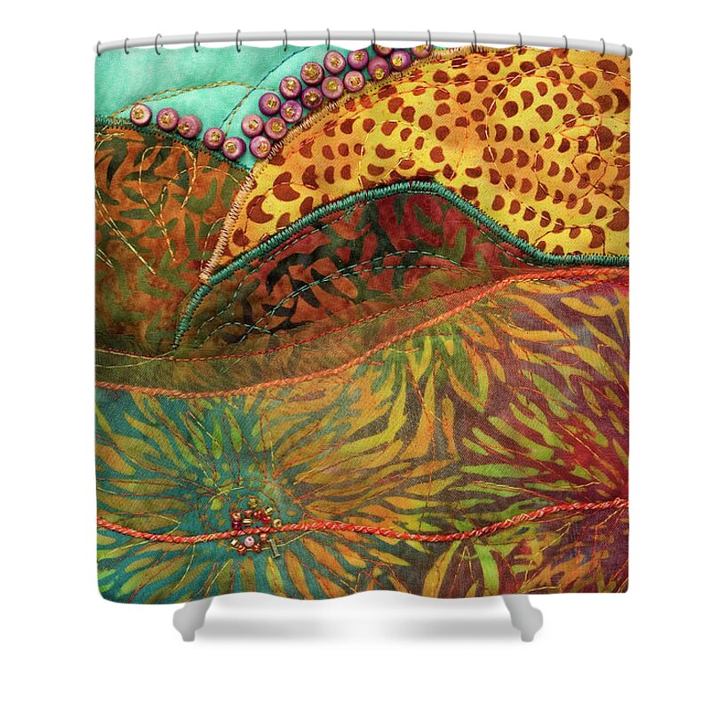 Shrine To Land And Sky Shower Curtain featuring the mixed media Shrine to Land and Sky C by Vivian Aumond