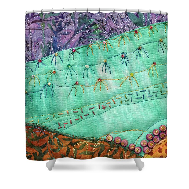 Shrine To Land And Sky Shower Curtain featuring the mixed media Shrine to Land and Sky D by Vivian Aumond