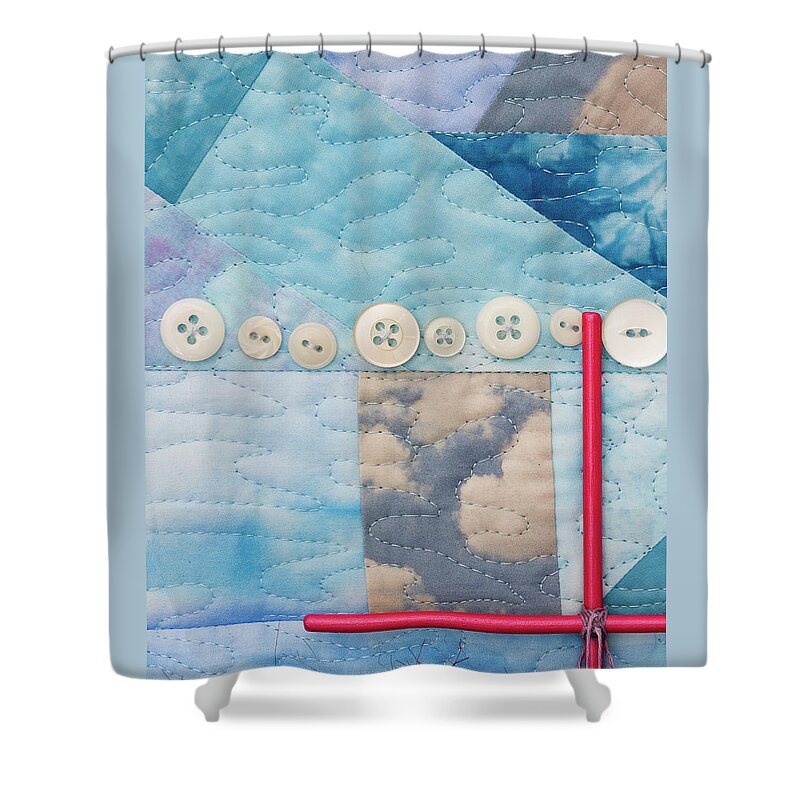 Shrine To Land And Sky Shower Curtain featuring the mixed media Shrine to Land and Sky F by Vivian Aumond