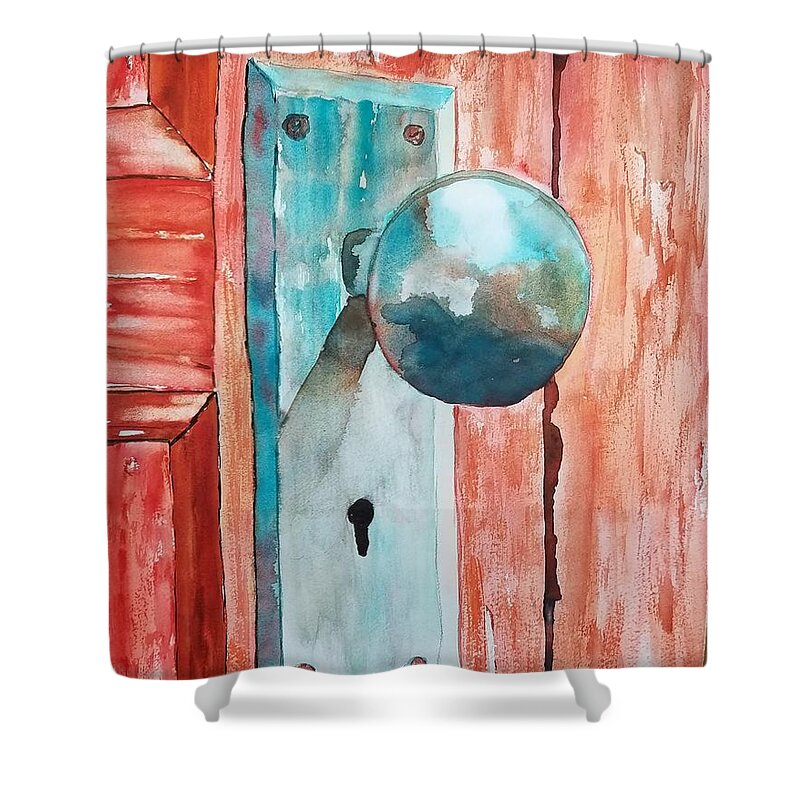Door Knob Shower Curtain featuring the painting Shut the Front Door by Ann Frederick
