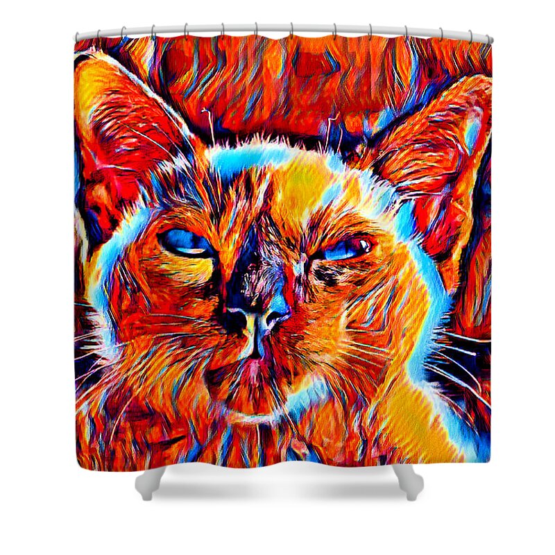 Siamese Cat Shower Curtain featuring the digital art Siamese cat face in the sun - colorful dark orange, red and cyan by Nicko Prints