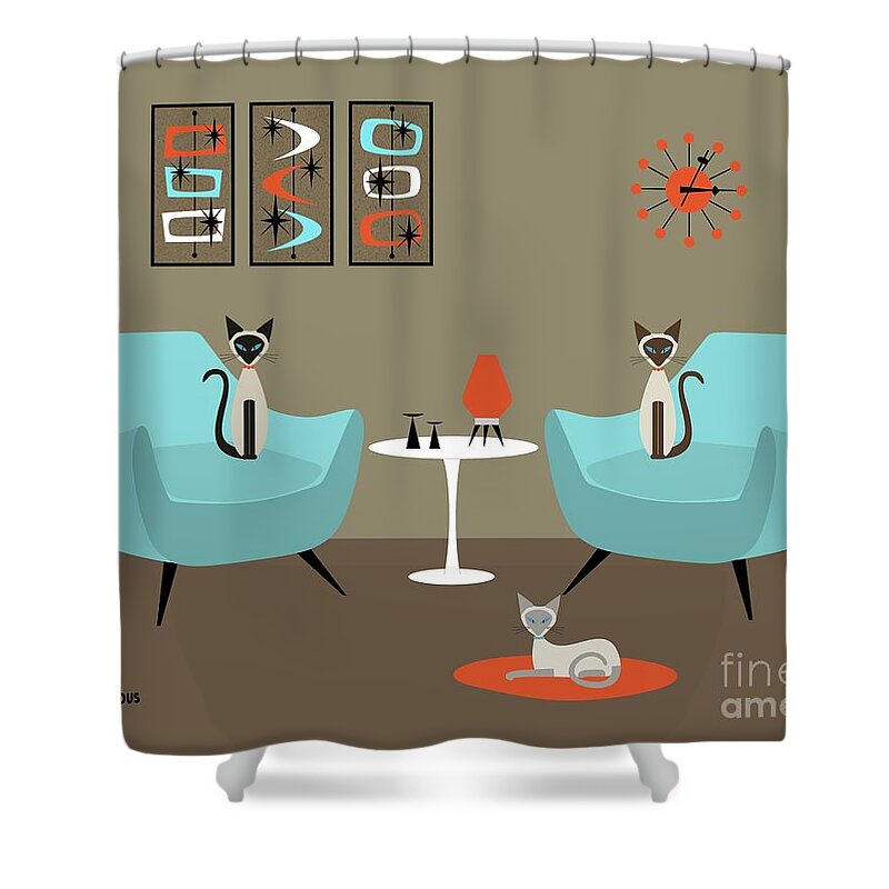 Siamese Cat Shower Curtain featuring the digital art Siamese Cats in Orange and Blue by Donna Mibus