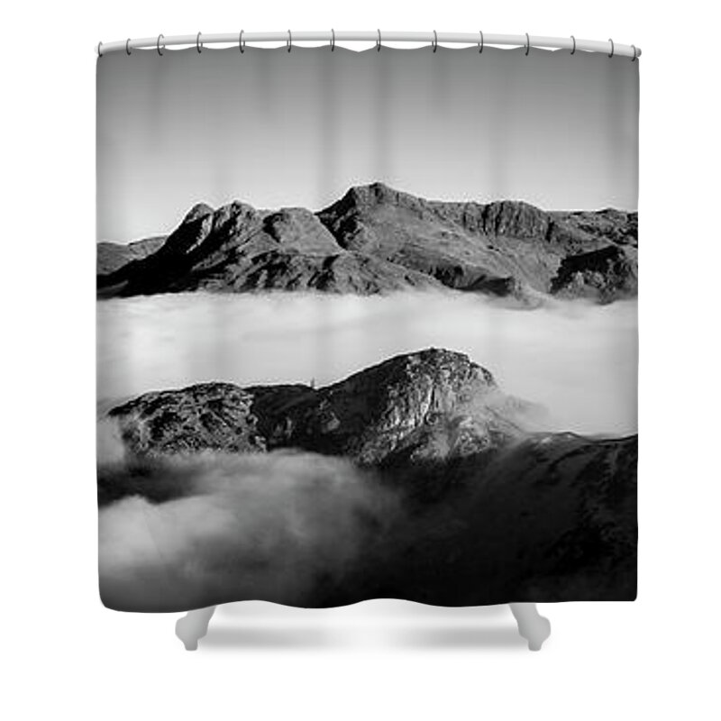 Panorama Shower Curtain featuring the photograph Side Pike Cloud Inversion Lake Dsitrict Black and white by Sonny Ryse