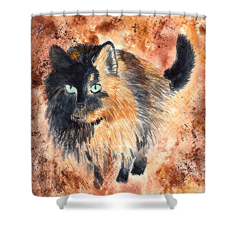 Cat Shower Curtain featuring the painting Sierra the Tortoiseshell Cat by Conni Schaftenaar