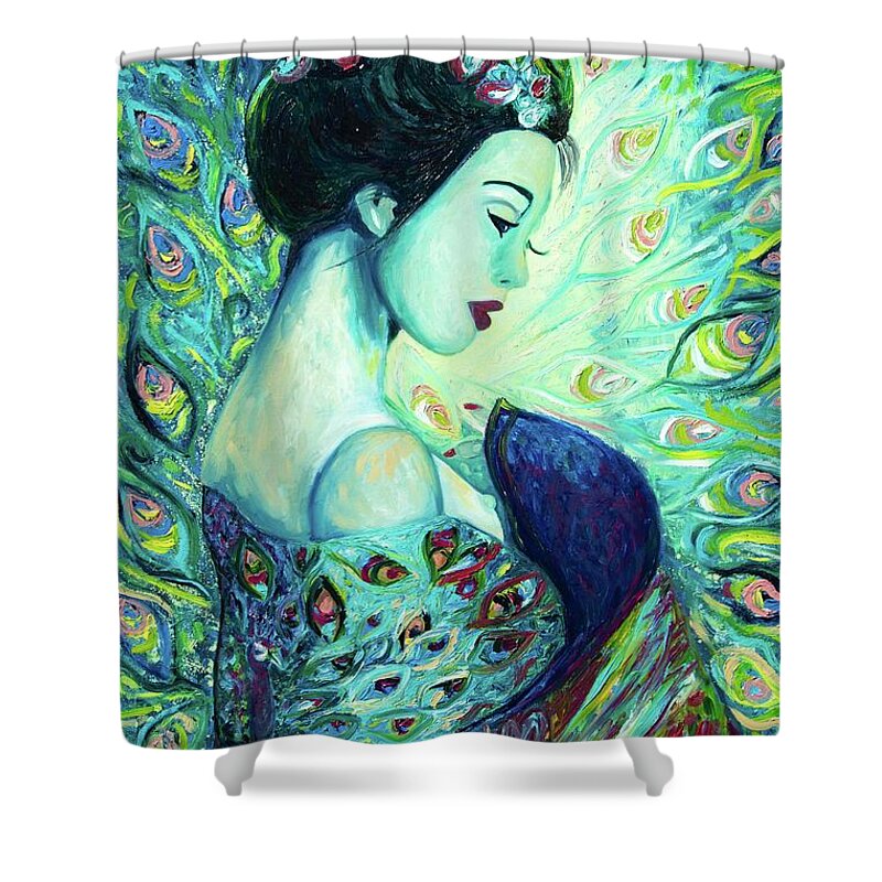 Lady Shower Curtain featuring the painting Silk Peafowl by Chiara Magni
