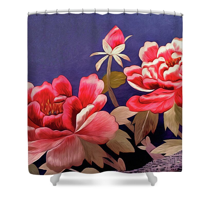 Silk Peonies Shower Curtain featuring the tapestry - textile Silk Peonies - Kimono Series by Susan Maxwell Schmidt