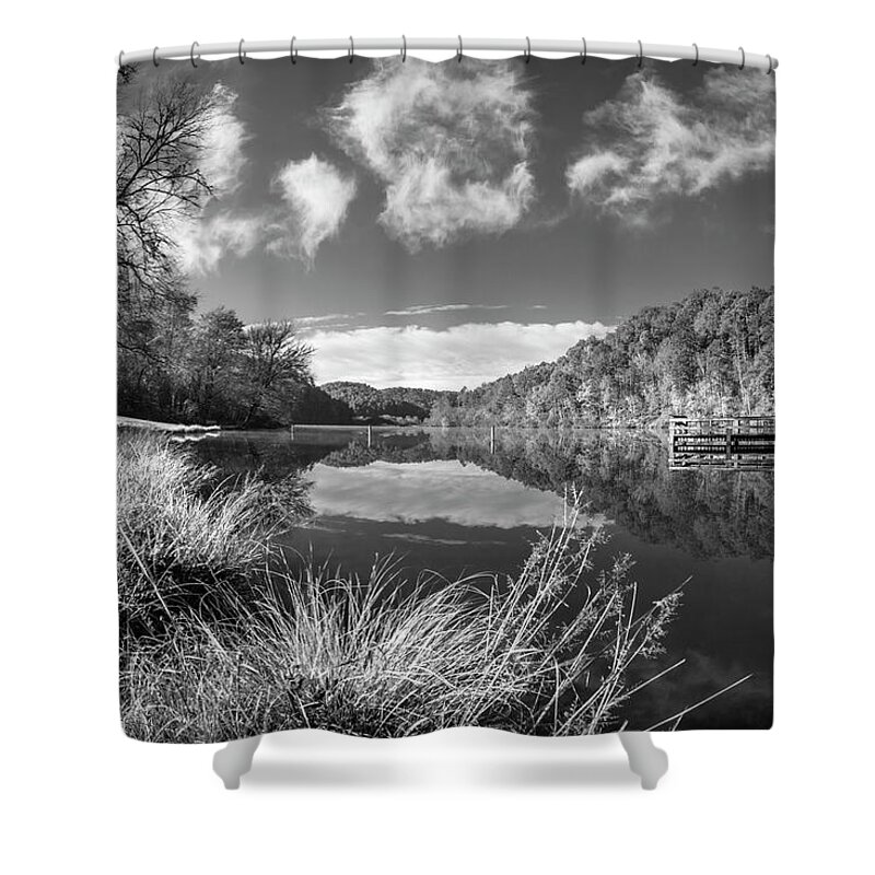 Carolina Shower Curtain featuring the photograph Silver Grasses at the Docks Black and White by Debra and Dave Vanderlaan