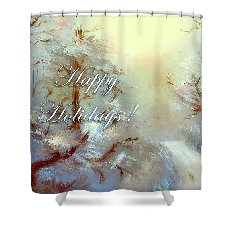 Christmas Shower Curtain featuring the digital art Silver Sunrise Happy Holidays by Lois Bryan