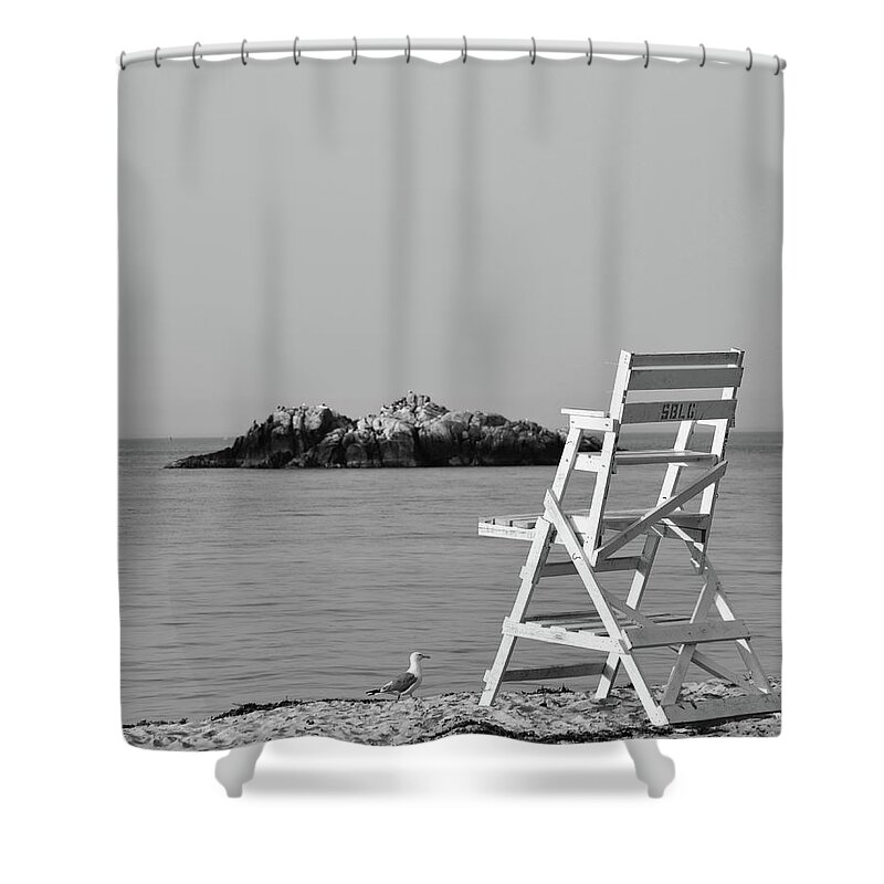 Manchester Shower Curtain featuring the photograph Singing Beach Lifeguard Chair Manchester by the Sea MA Black and White by Toby McGuire
