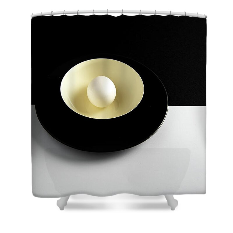 Still-life Shower Curtain featuring the photograph Single fresh white egg on a yellow bowl by Michalakis Ppalis