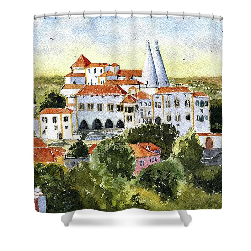 Portugal Shower Curtain featuring the painting Sintra National Palace Painting by Dora Hathazi Mendes