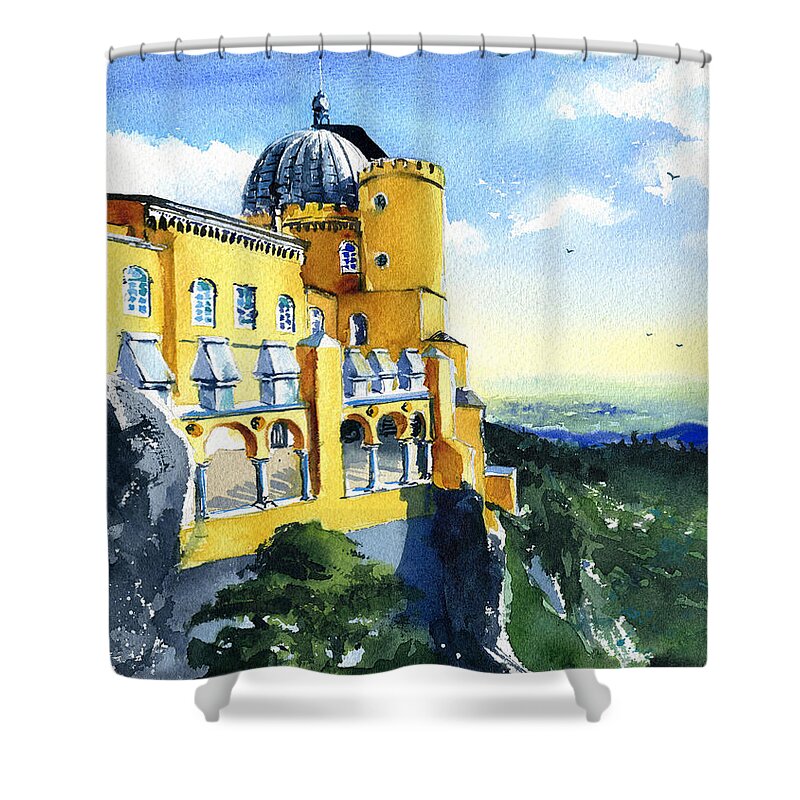 Portugal Shower Curtain featuring the painting Sintra Pena Palace in Portugal by Dora Hathazi Mendes