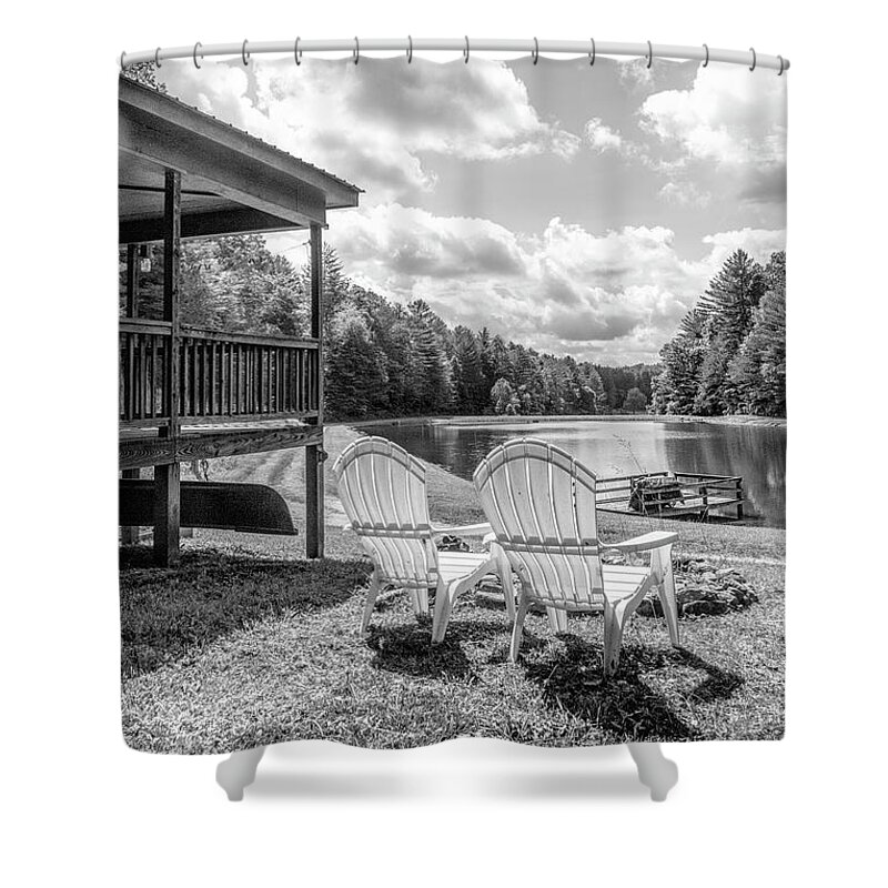 Black Shower Curtain featuring the photograph Sitting in Sunshine at the Lake Black and White by Debra and Dave Vanderlaan