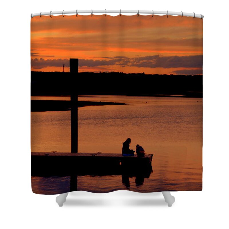 Sunset Shower Curtain featuring the photograph Sitting on the Dock at sunset by Lennie Malvone