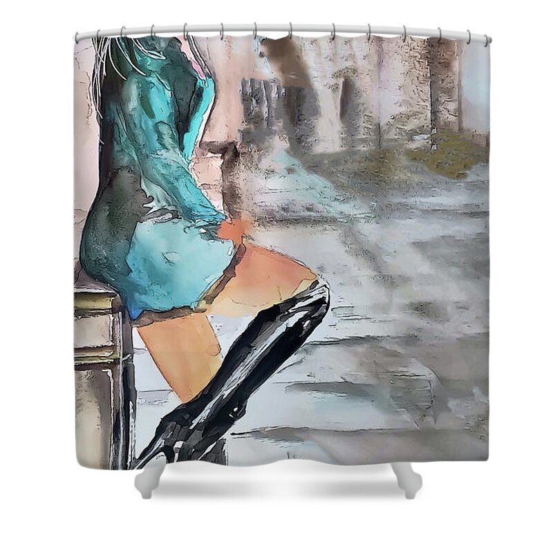 Sitting Shower Curtain featuring the painting Sitting On The Post by Lisa Kaiser