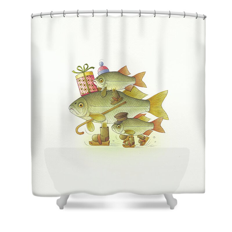 Fish Skating Winter Ice Christmas Christmasgifts Holydays Shower Curtain featuring the drawing Skating fish by Kestutis Kasparavicius