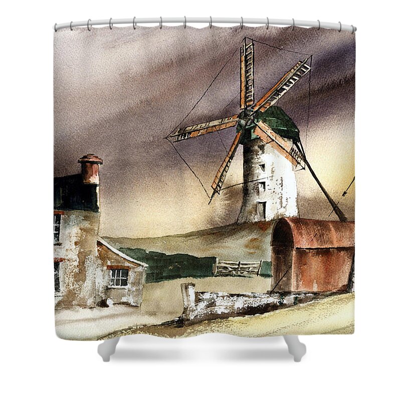  Shower Curtain featuring the painting Skerries Windmill, Co. Dublin by Val Byrne