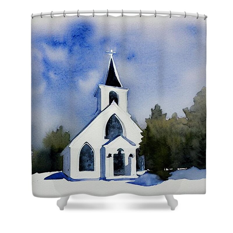Chapel Shower Curtain featuring the painting Sketch of a Small New England Church, New Hampshire by Christopher Lotito